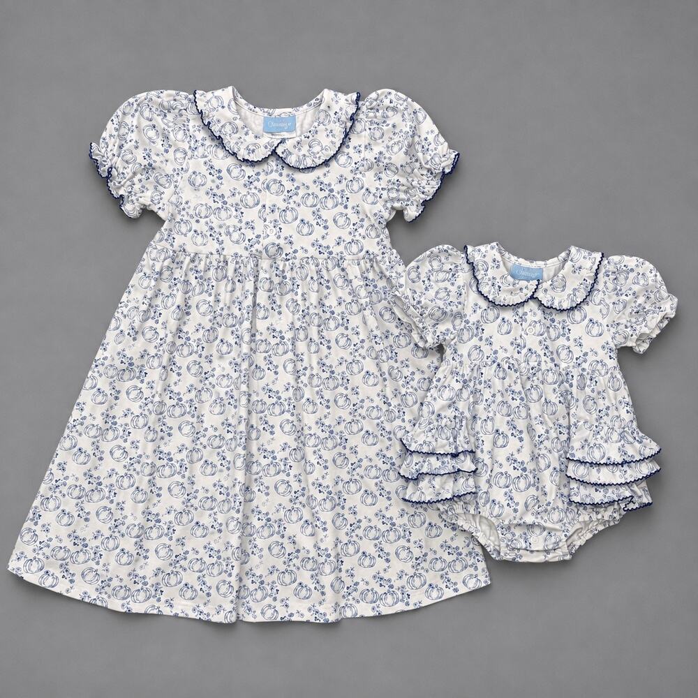 Classic Whimsy Sister Set Blue White Pumpkin Floral  Sz 5 & 9M Fall Thanksgiving